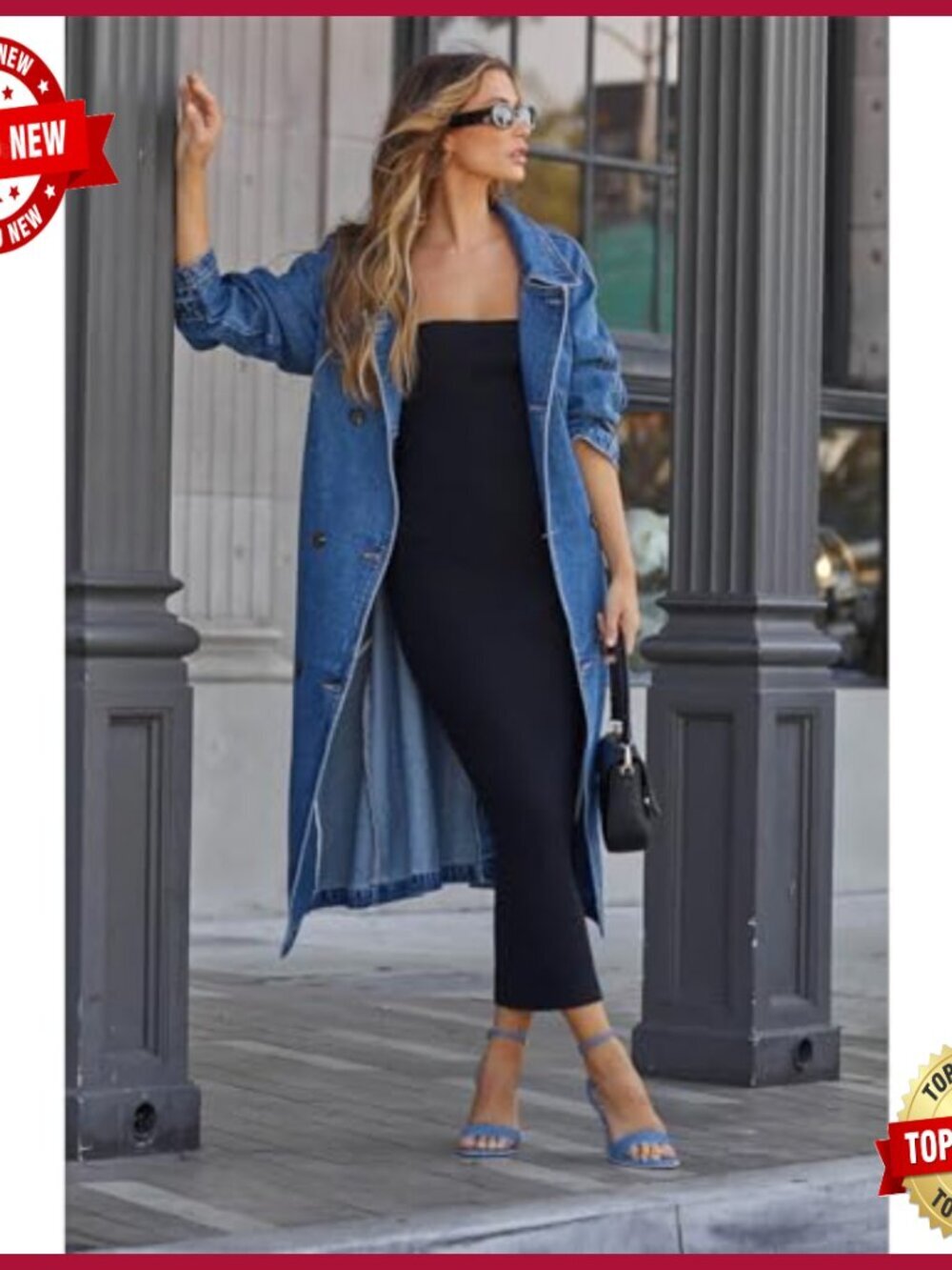 Long Denim Trench Coat Double Breasted Oversize Jacket - Picture 4 of 6